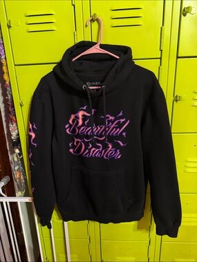 Women's Black Pullover Hoodie with Purple & Pink Flame , Beautiful Distaster